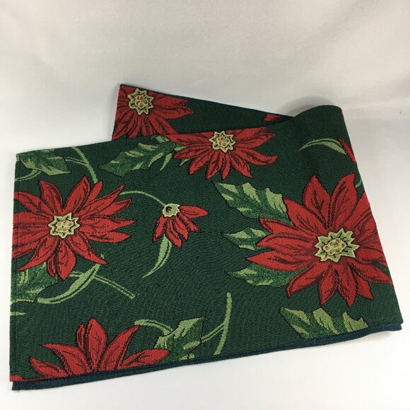 Poinsettia 69 x 13 Christmas Table Runner Red & Green Floral Holiday Tapestry - Picture 2 of 16